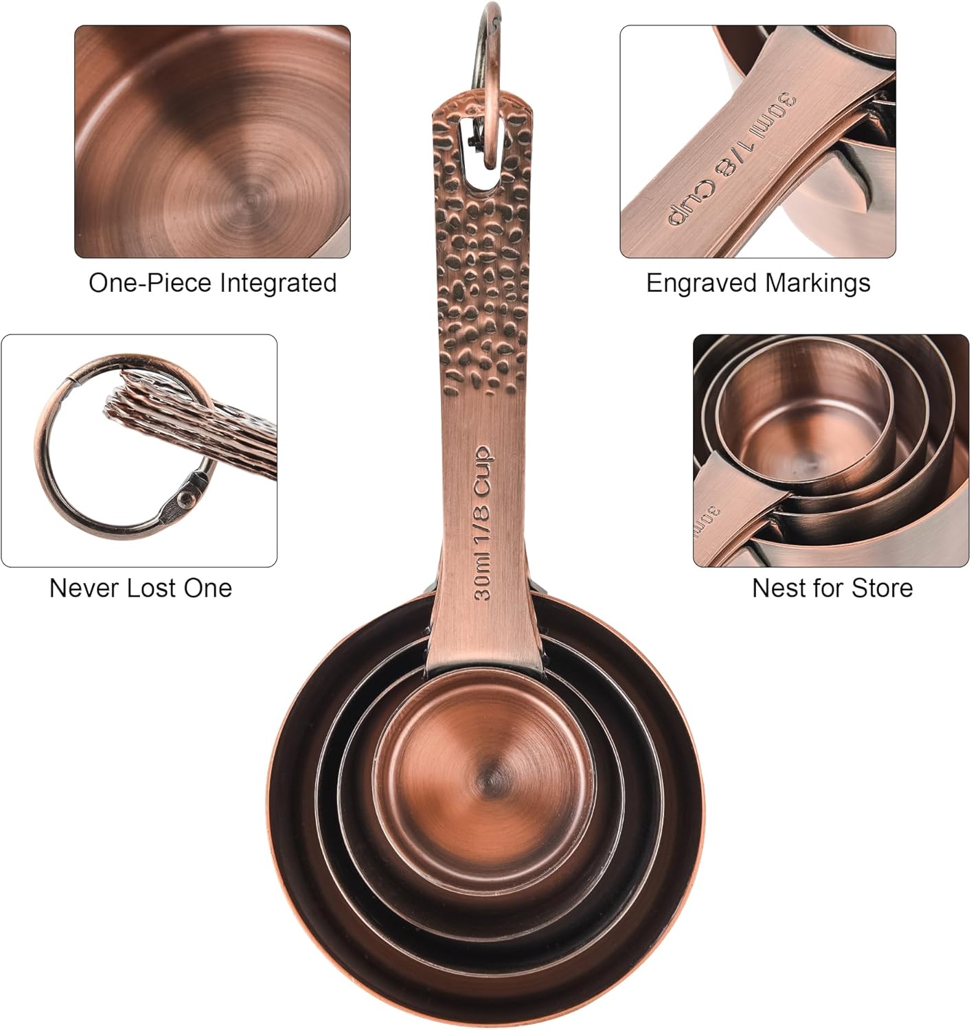 Copper Measuring Cups and Spoons Set 14, Stainless Steel Measuring Cups and Spoons set, Metal 6 Measure Cup and 7 Measure Spoon with 1 Leveler for Kitchen & Baking