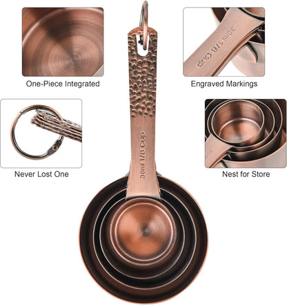 Copper Measuring Cups and Spoons Set 14, Stainless Steel Measuring Cups and Spoons set, Metal 6 Measure Cup and 7 Measure Spoon with 1 Leveler for Kitchen & Baking