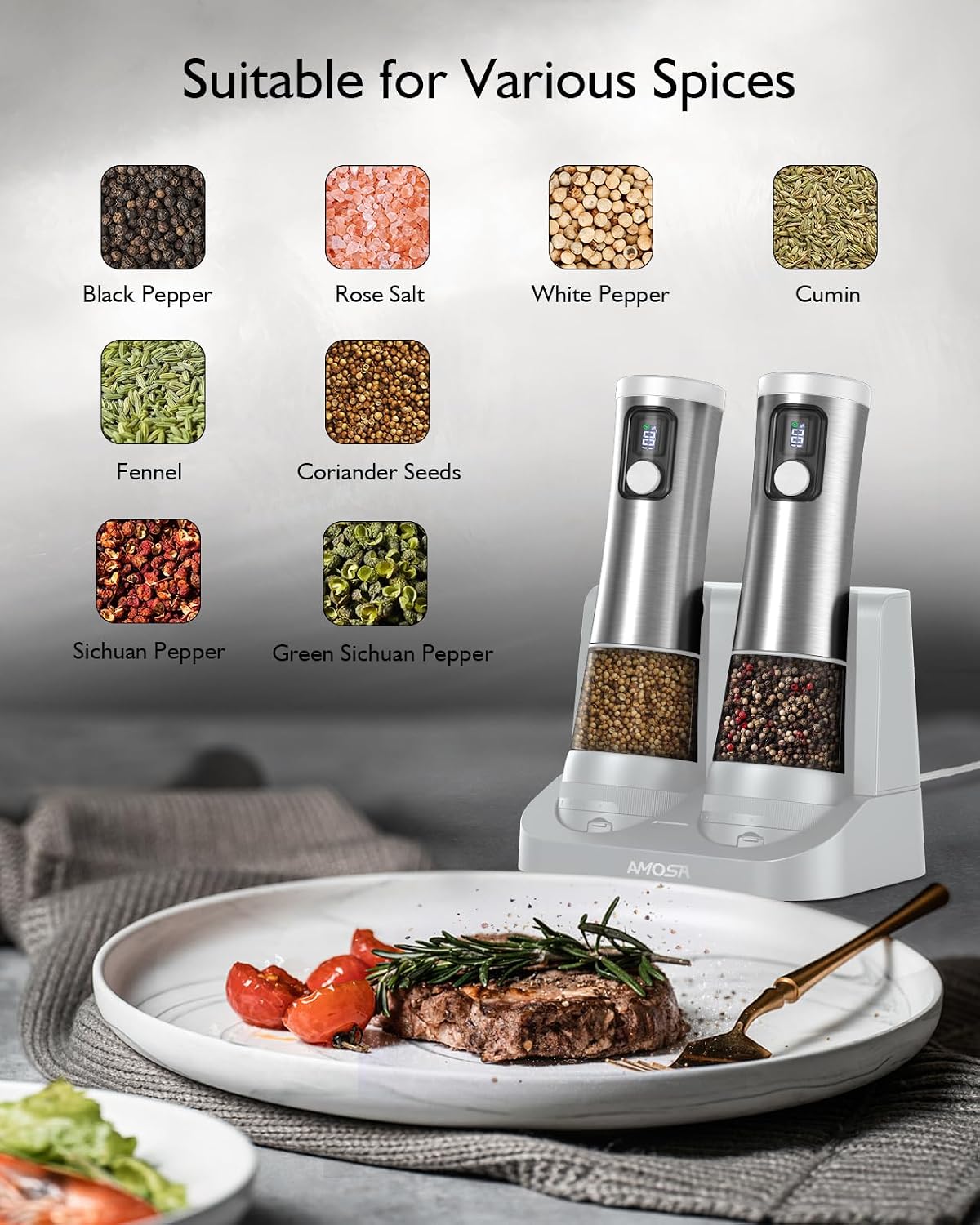 Electric Salt and Pepper Grinder Set, 2 in 1 Dual Bins USB Rechargeable