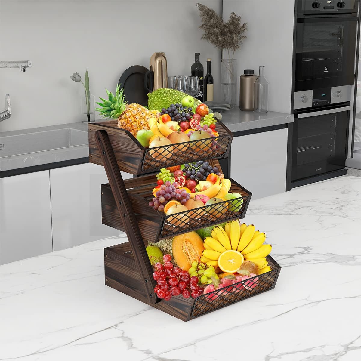 Dorhors Fruit Basket for Kitchen,Fruit Bowl,Kitchen Counter Organizer,Wooden Vegetable Holder for Countertop,Bread Storage Basket Stand(2 Tier)