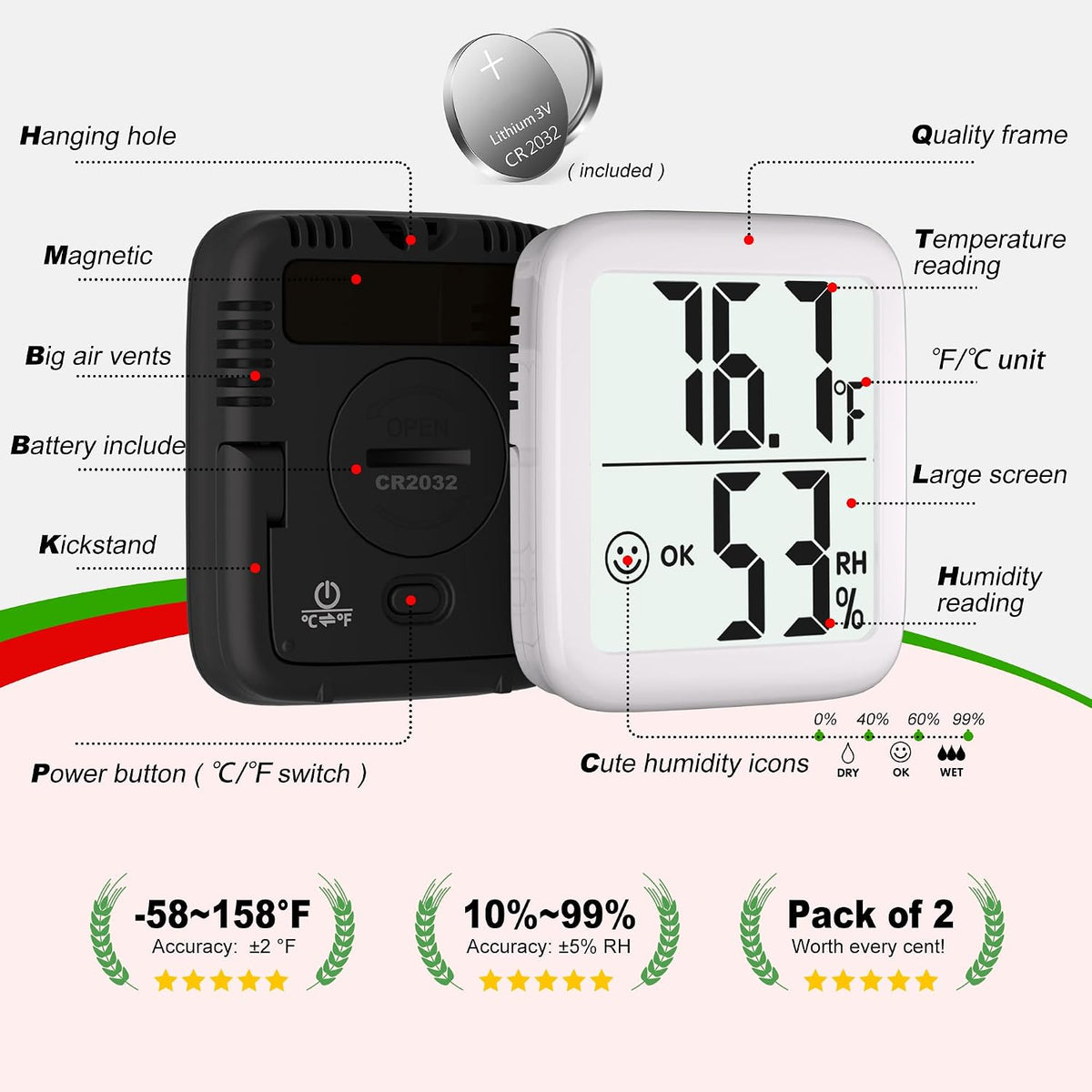 Antonki 2 Pack Room Thermometer Indoor Hygrometer