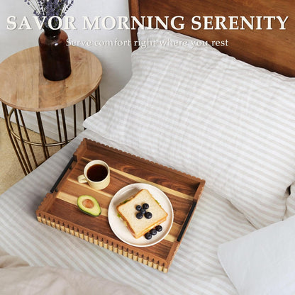 Acacia Wood Decorative Serving Tray with Handles, 16.7" x 12.8" Large Wooden Ottoman Tray for Living Room, Coffee Table Tray Decor for Food, Dinner, Tea or Breakfast in Bed (Natural)