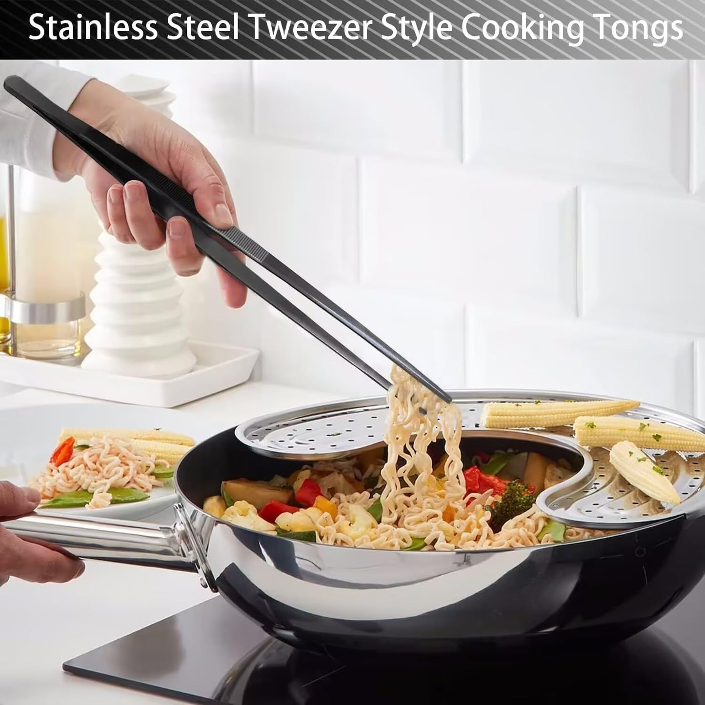 Homestia 12" Kitchen Tweezers Fine Tweezer Tongs, Extra-Long 304 Stainless Steel Cooking Tweezers, Multi-function Metal Tongs with Precision Serrated Tips for Chef, Cocktail, Serving Food, BBQ Gold
