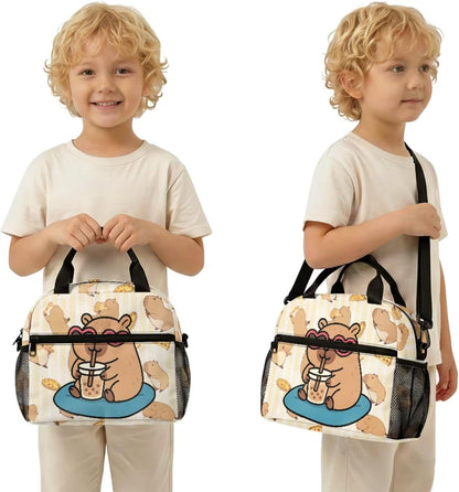 Cute Capybara Pizza Backpack for Girls, 5 Pcs Boys School Bag Set for Kids, 17 Inch Backpacks Lunch Pencil Box Reusable Utensils Case Set for Middle Elementary School, 3rd Grade Backpack