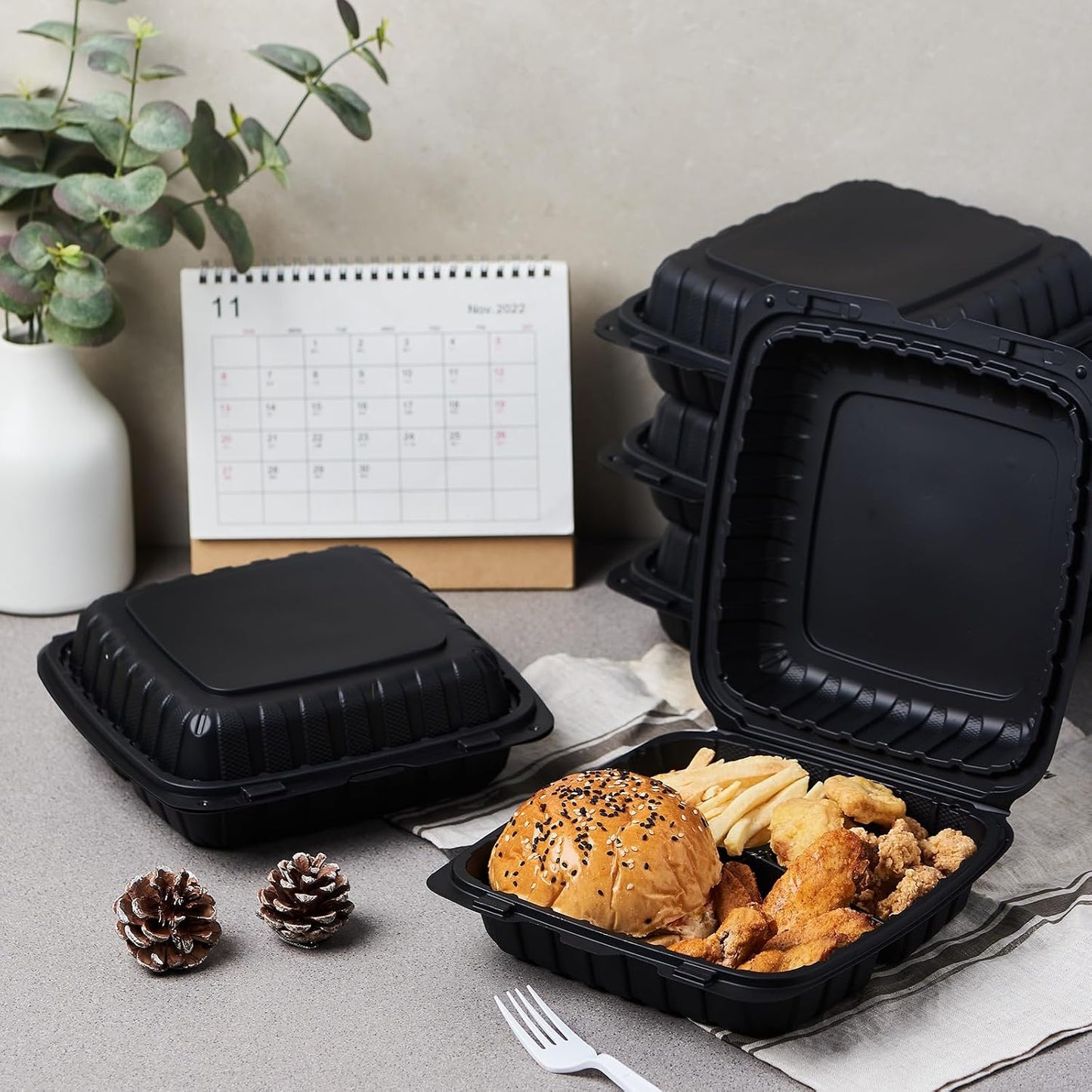 8X8 3-Compartment 50-Pack Plastic Clamshell Takeout Food Trays Heavy Duty Togo Disposable Box Carryout Meal Prep Packaging Catering Hinged Containers With Secure Snap Lid (Formerly FULING)