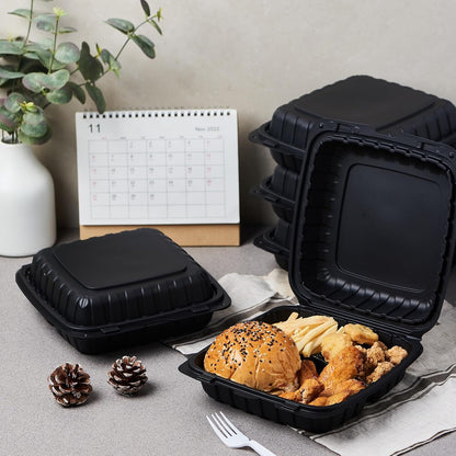 8X8 3-Compartment 50-Pack Plastic Clamshell Takeout Food Trays Heavy Duty Togo Disposable Box Carryout Meal Prep Packaging Catering Hinged Containers With Secure Snap Lid (Formerly FULING)