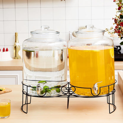 Honeydak 2 Pack 3 Gallon Glass Drink Dispenser for Parties Glass Beverage Dispenser with Stand and Spigot Leakproof Iced Water Storage Lemonade Juice Jar Mason with Lids for Wedding Parties Kitchen