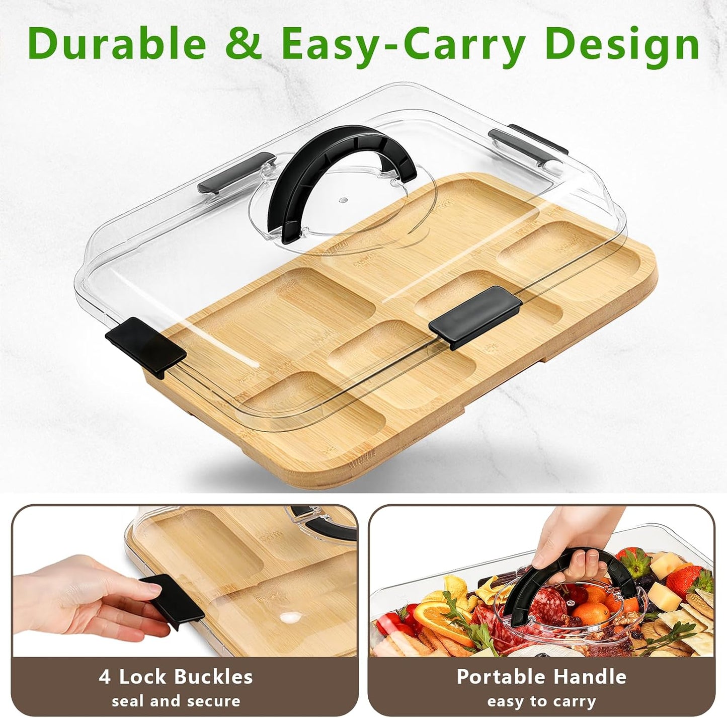 SAKAMOSH Charcuterie Board with Lid and Handle, Portable Travel Bamboo Cheese Board Set with Cheese Knife Set, Gift for Housewarming, Picnic, Gathering (15"x11" Board & 10" Round Board)