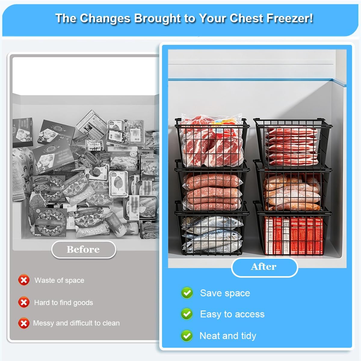 Freezer Organizer Bins, Large Capacity Stackable Baskets for Deep Chest Freezer Easy Get and Sort Bottom Frozen Meats Food Storage Containers Pantry Storage and Organization, 4pcs