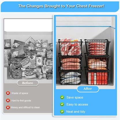 Freezer Organizer Bins, Large Capacity Stackable Baskets for Deep Chest Freezer Easy Get and Sort Bottom Frozen Meats Food Storage Containers Pantry Storage and Organization, 4pcs