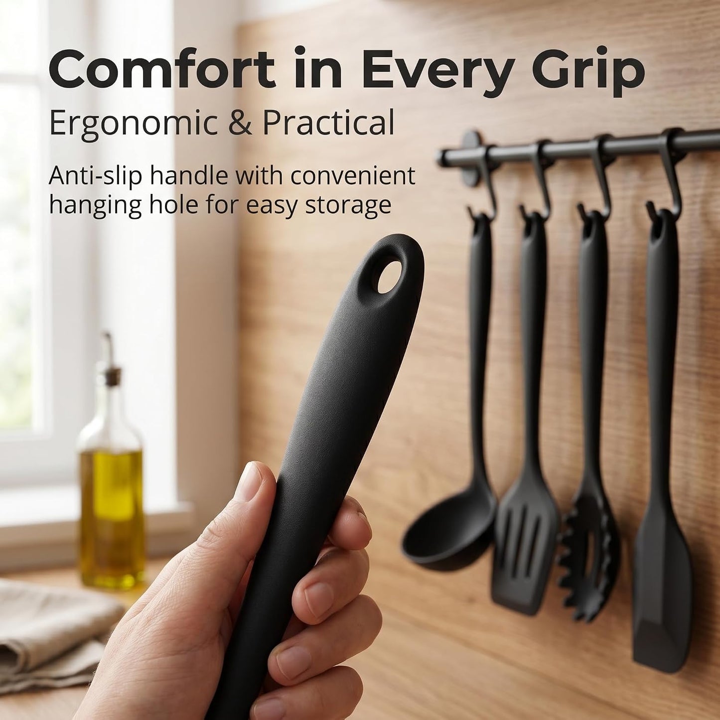 LIANYU Non-Toxic Silicone Kitchen Utensils Set, 8 Piece Non-Scratch Cooking Spoons & Spatulas, Stainless Steel Core, Heat Resistant & Dishwasher Safe, Khaki