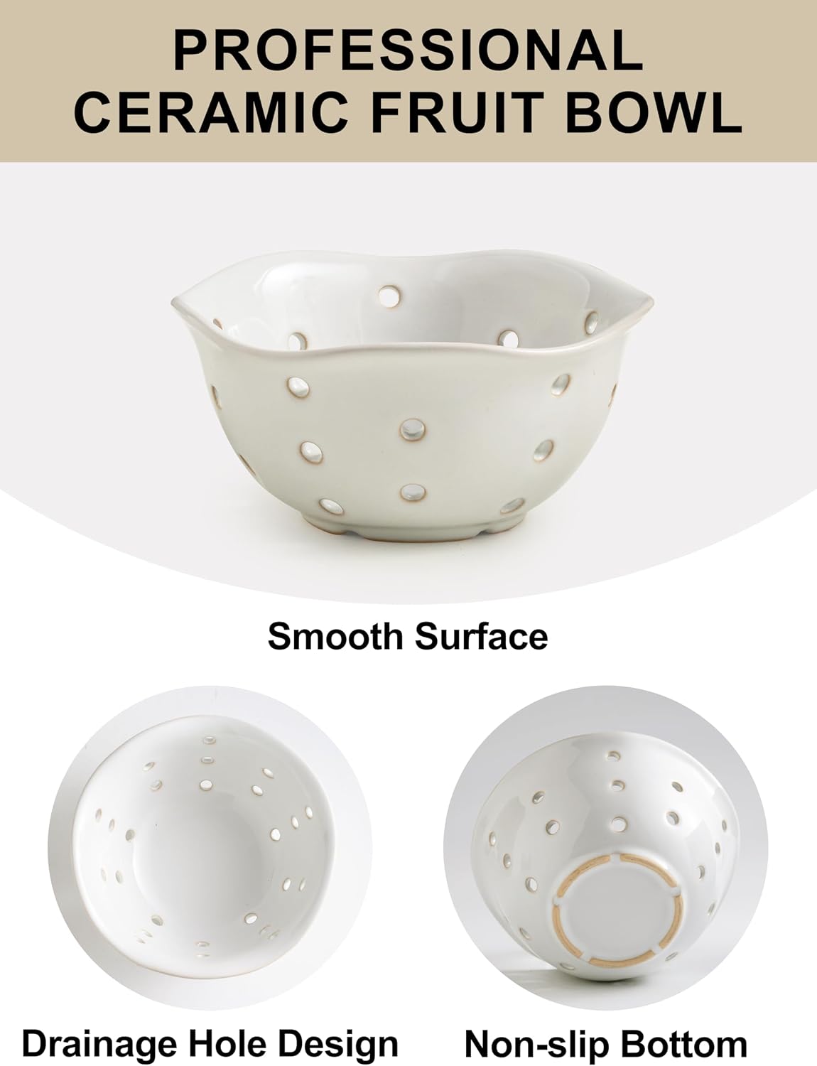 Gomakren Berry Bowls with Holes Ceramic, Berry Washing Bowl Basket Set of 2, 5.8 Inch Round Fruit Bowl Storage Containers, Strawberry Baskets, Farmhouse Kitchen Decor, Yellow + Brown