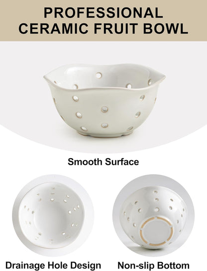 Gomakren Berry Bowls with Holes Ceramic, Berry Washing Bowl Basket Set of 2, 5.8 Inch Round Fruit Bowl Storage Containers, Strawberry Baskets, Farmhouse Kitchen Decor, Yellow + Brown
