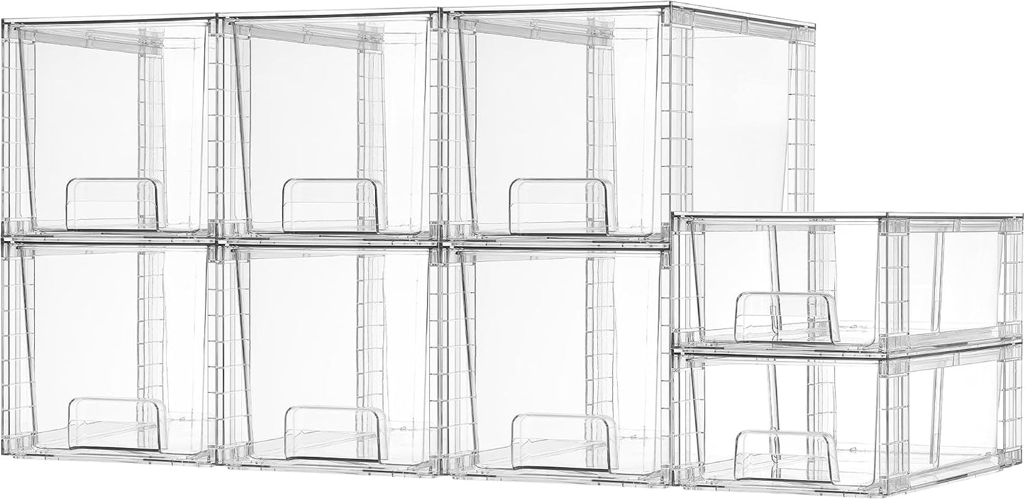 Vtopmart 4 Pack Clear Stackable Storage Drawers,Under Sink and Kitchen Organizers Storage,Easy to Assemble Plastic Drawers for Baby Bottle,Medicine, Bathroom,Cabinet and Pantry Organization