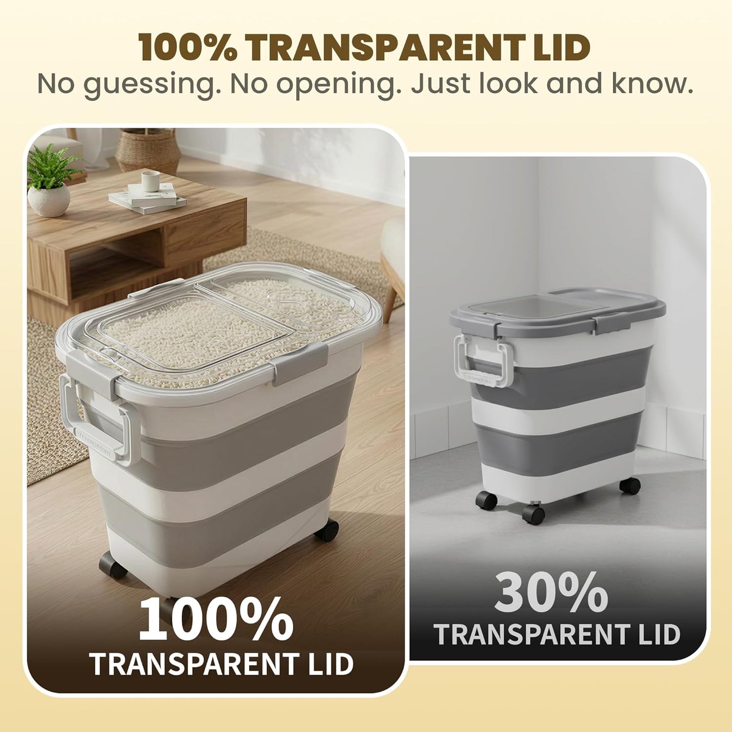 HOYTAMDA 25-35Lbs Rice Container,Collapsible Airtight Food Storage Containers with Wheels,Handle,Rice Storage Container with Small Bin and Scoop,Rice Dispenser for Flour Sugar Cereal Grain Dog Cat