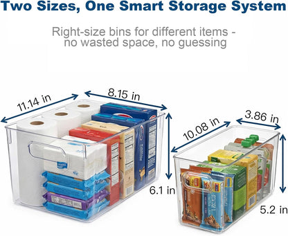 MOONEDGE 4 Pack Clear Plastic Organizer Bins, 2 Large & 2 Small Storage Set | Storage Bins for Pantry, Space-Saving Organizer Containers for Cabinets, Under-Sink, Bathroom, Kitchen, Freezer, Home Storage