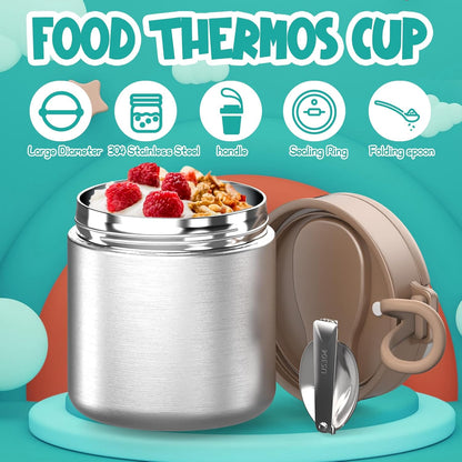 Thermo for Hot Food Kids - 15.2oz, Leak Proof Insulated Food Jar, Soup Thermo, Insulated Lunch Containers, Termos Para Comida Caliente, Wide Mouth Lunch Box with Folding Spoon and Handle
