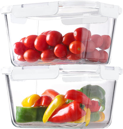 HOMBERKING 4 Pieces 63oz/8cup Large Glass Food Storage Containers with Lids, Meal Prep Containers, Airtight Bento Boxes with Leak Proof Locking (2 Containers + 2 Lids) - Microwave, Oven Safe
