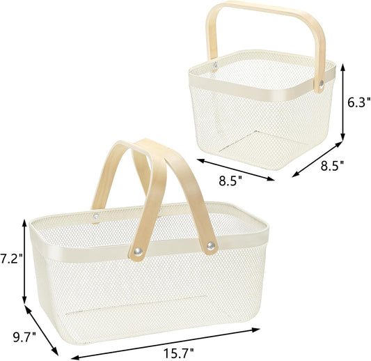 ZEAYEA 2 Pack Harvest Basket with Handle, Garden Baskets for Gathering Vegetables, Multi-functional Metal Mesh Fruit Basket, White Mesh Storage Basket for Picnic Kitchen Garden Cabinet Pantry Bathroom