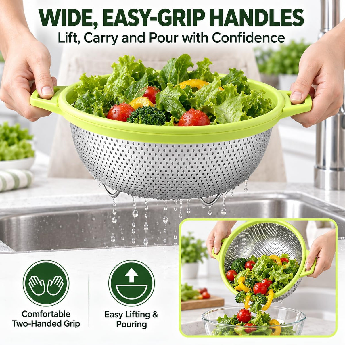 HiramWare Stainless Steel Colander with Handle and Legs, 5 Qt, Green