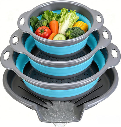 Collapsible Colanders Food Strainers, 3-Pack Foldable Kitchen Strainers with Over-Sink Water Draining Tray, Space Saving Kitchen Drainer for Vegetables, Fruit, Pasta and Rice (White-Gray)