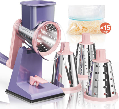 Upgraded Rotary Cheese Grater, Hand Crank, Pinkish Purple