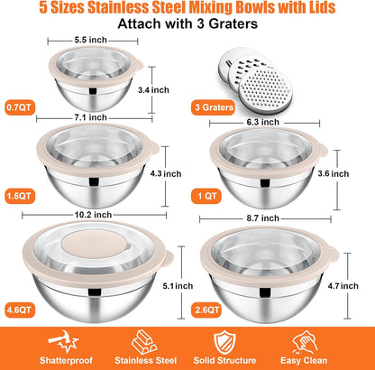 E-far Mixing Bowls Set of 5, Stainless Steel Salad Mixing Bowl with Transparent Lid, Metal Nesting Bowl Attach with 3 Graters for Kitchen Prepping/Serving/Baking/Storage, 4.6/2.6/1.5/1/0.7 QT - Black