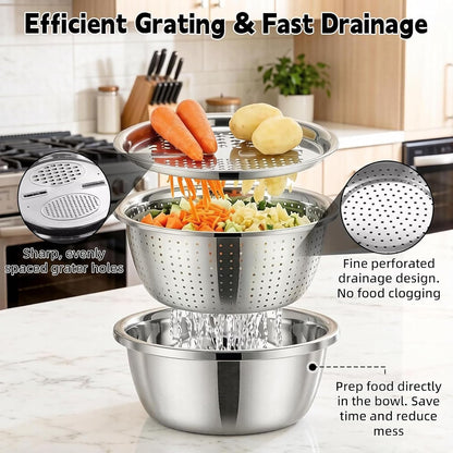 3 in 1 Stainless Steel Mixing Bowls Set - Multifunctional Colander with Grater & Vegetable Slicer, Stackable Kitchen Strainer Drain Basket for Rinsing, Washing, Mixing & Food Prep, Food Grade, 3Pcs