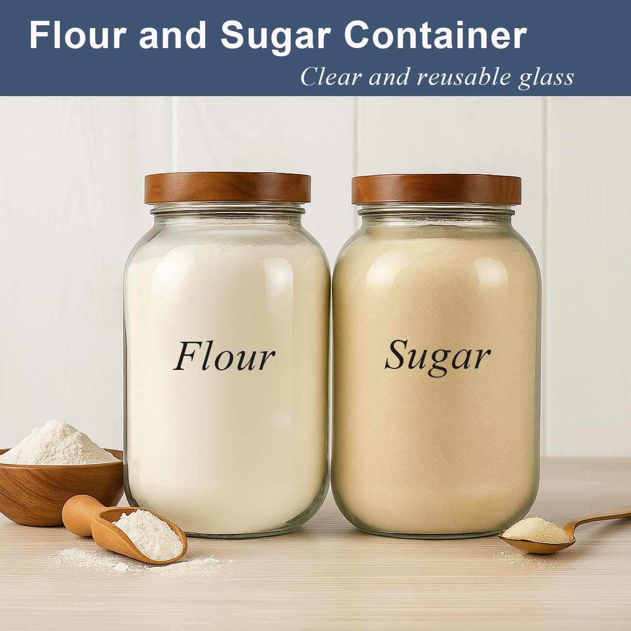 2 Pack Glass Flour Sugar Storage Containers with Acacia Wooden Lid, 1 Gallon Glass Jars with Airtight Lid, Wide Mouth Large Mason Jars 128oz for Rice, Pasta, Oats, Coffee Storage