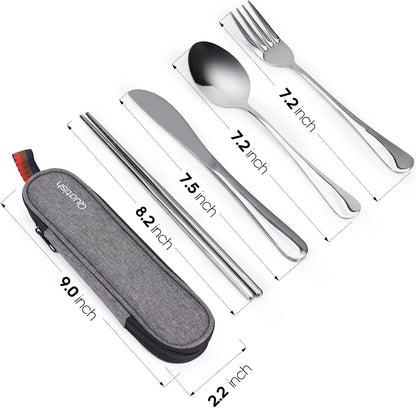Travel Utensils with Case, Quatish Portable Silverware Set for Work, Stainless Steel Reusable Travel Cutlery Set, Fork and Spoon Set for Camping, EDC Gadgets, Lunch Box for Men, Purple