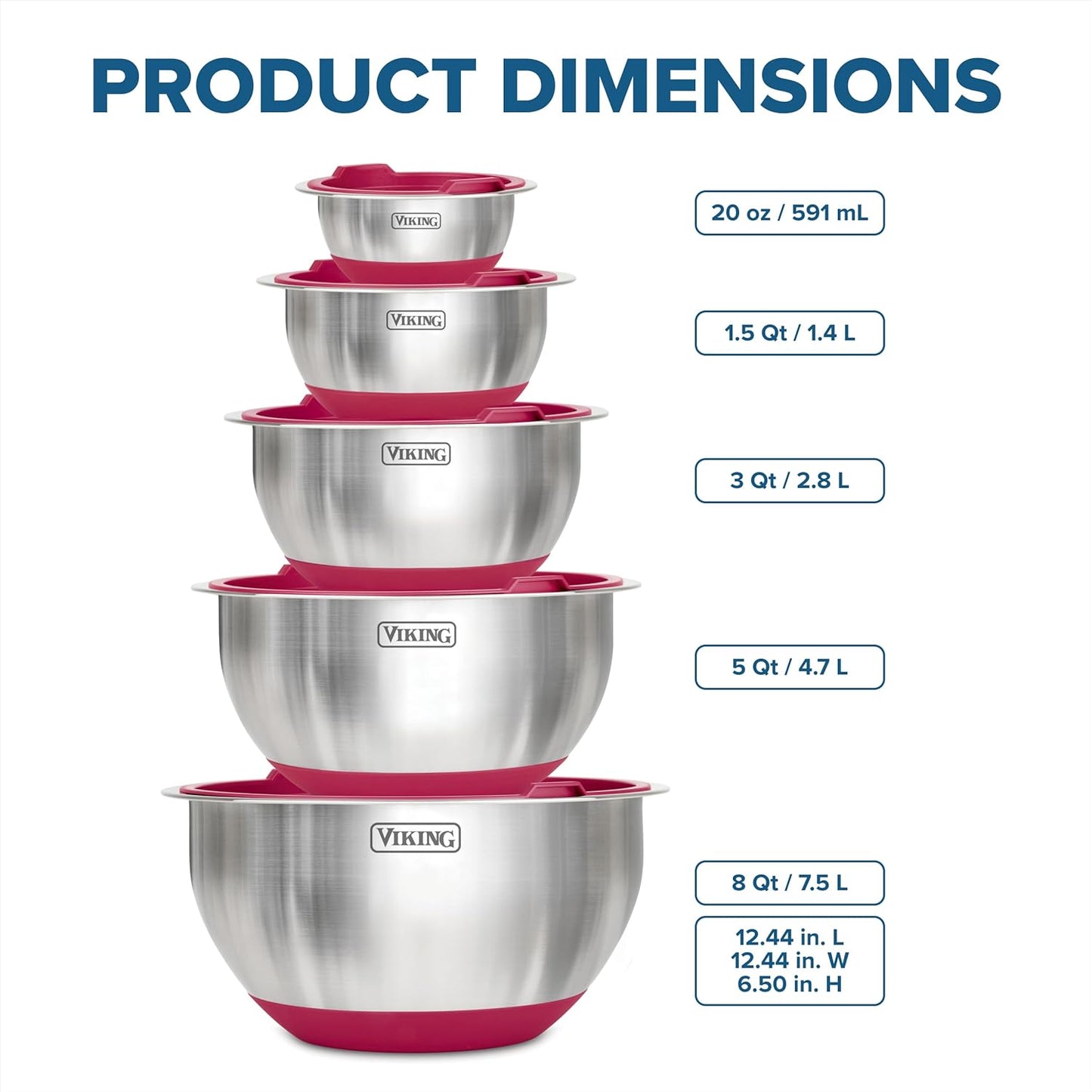 Viking Mixing Bowls Set, 10 Piece Stainless Steel Kitchen Cookware, Non-Slip Silicone Base, Includes Tight Fit Lids, Dishwasher Safe, Grey