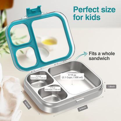 HOMEKOL Stainless Steel Bento Lunch Box, 3-Compartment Leak-Proof Lunch Container for Kids & Adults, BPA/BPS-Free 304 Metal Food Box, Dishwasher Safe, Clear Tritan Lid, Green (Not Insulated)