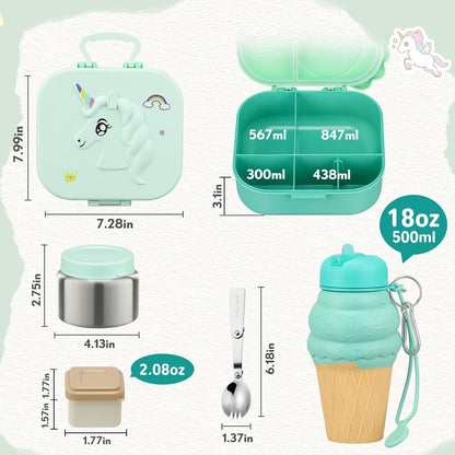 Aimsnk Magical Dinosaur Kids Lunch Box Set -12oz Insulated Food Jar, Leakproof Lunch Food Containers Cutlery, Leak-Proof Sauce Cup & Spoon, Gradient Green+Jar Green