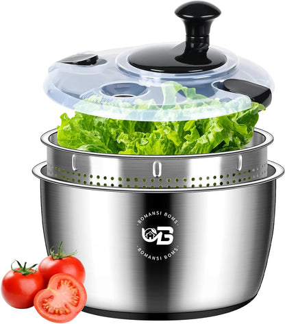 5.3 Qt Stainless Steel Salad Spinner, BOMANSI BOMS Vegetable Spinners, Lettuce Spinner, Fruit Washer, Large Salad Spinners, Dishwasher Safe, 304 Stainless Steel Bowl & Basket