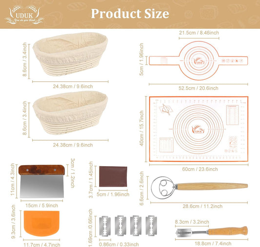 Sourdough Baking Kit, 2 Oval Banneton Proofing Basket Set
