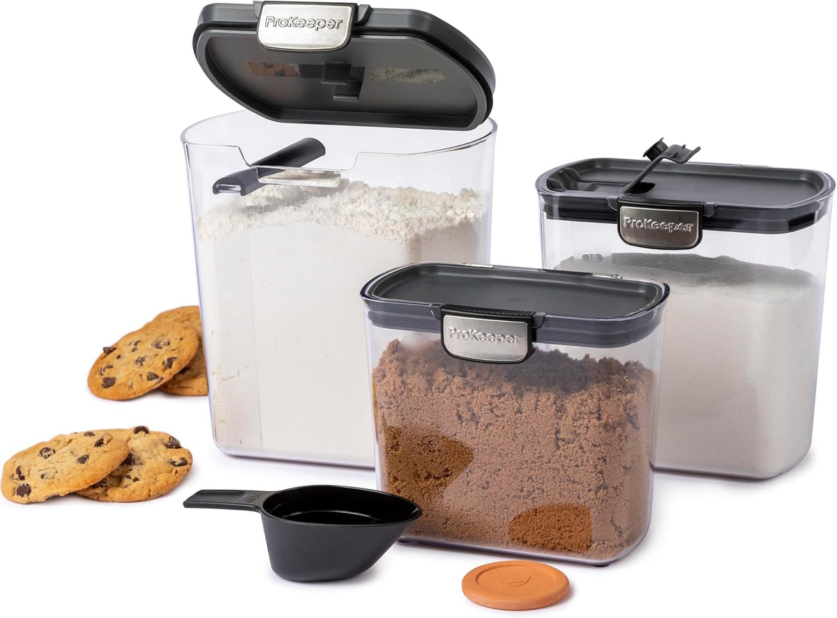 ProKeeper+ Airtight Food Storage Container Set – Clear Plastic Flour and Sugar Canister Set with Magnetic Accessories for Kitchen Organization (Grey, 9-Piece)