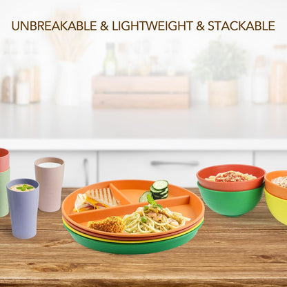 greenandlife 9 Inch 4PCS Portion Control Plates with Lids, Divided Plates for Kids Adults, Dishwasher Microwave Safe Compartment Plate, Unbreakable Lightweight Reusable Wheat Straw Plate, Earth Tone