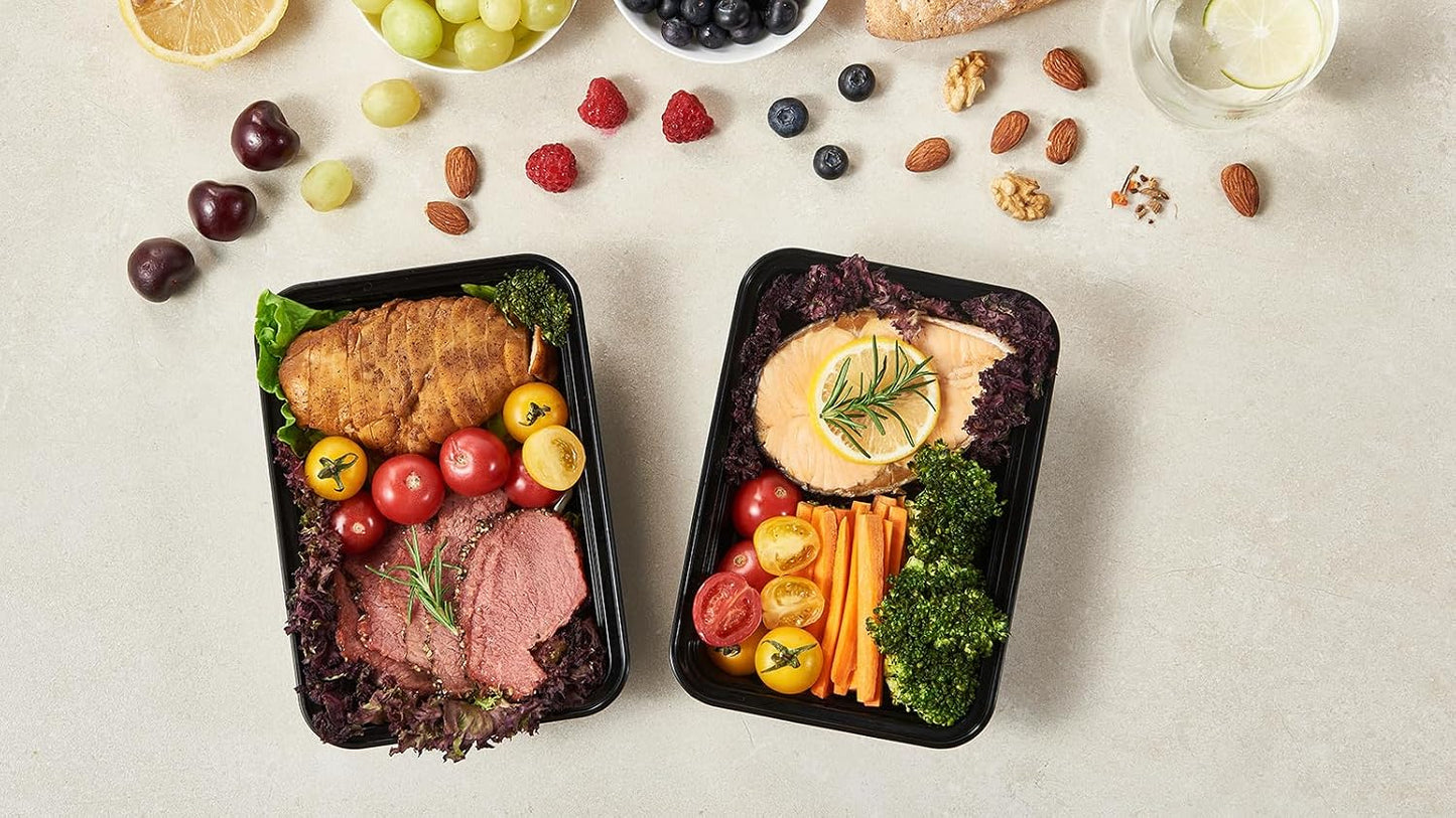 FULING 32 oz 50 ct Round Meal Prep Containers with Lids Plastic Food Storage Lunch Plan To Go Box Disposable Take Out Bowls Black BPA Free Reusable Durable Stackable Microwave Freezer Dishwasher Safe