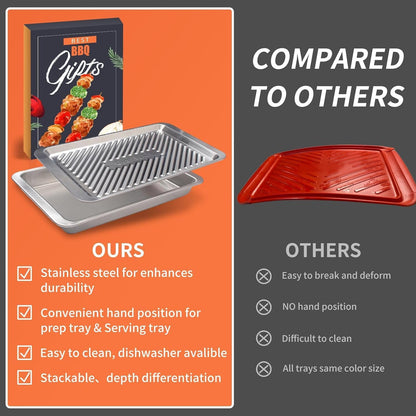 Grilling Prep and Serve Trays, Set of 2 Stackable Stainless Steel BBQ Trays, Deep Marinating Container, Serving Platter for Plating Food, BBQ Prep Tub for Marinating Meats, Grill Accessories
