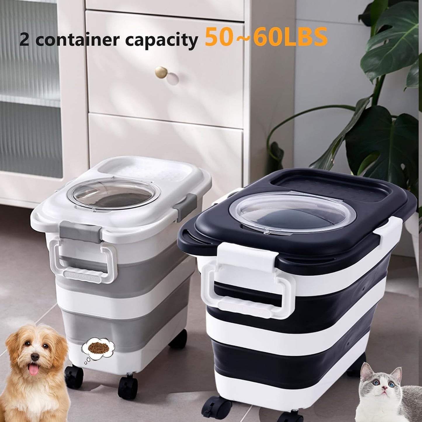 SEWIU Dog Food Storage Container Up to 2pack*20LB,Collapsible Dog Food Container with Travel Silicone Bowl and Scoop for Dog/Cat/Bird Food/Cat litter,Keep Dry Food Fresh,Easy to Move.