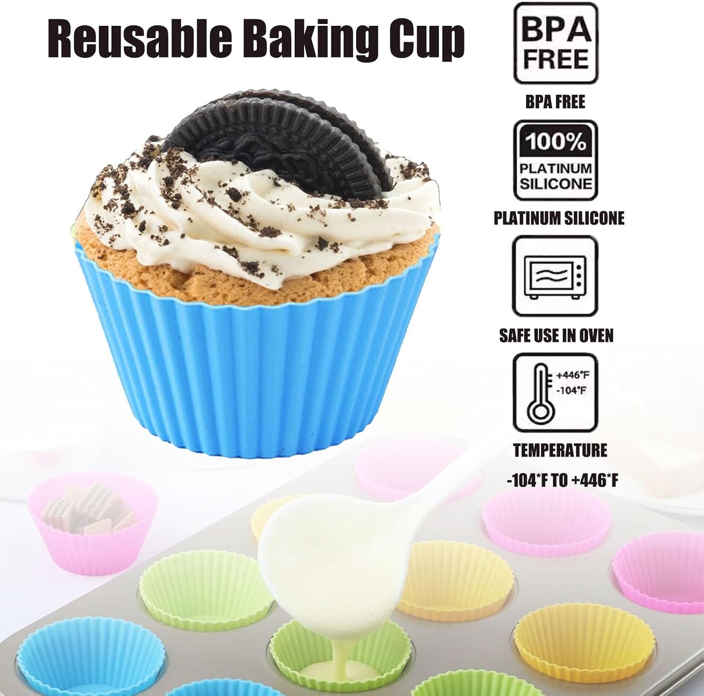 12 Pack Reusable Baking Silicone Molds, Round Cupcake Liners, Silicone Baking Cups Multicolor, Easy Clean, Heat Resistant, Muffin Cups for Homemade Birthday