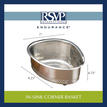 RSVP International Endurance® In-Sink Mesh Colander Strainer Basket, 3 Quart | Organize Sponges, Collect Food Scraps | Dishwasher Safe | Small Corner Basket | Steaming, Draining & Rinsing
