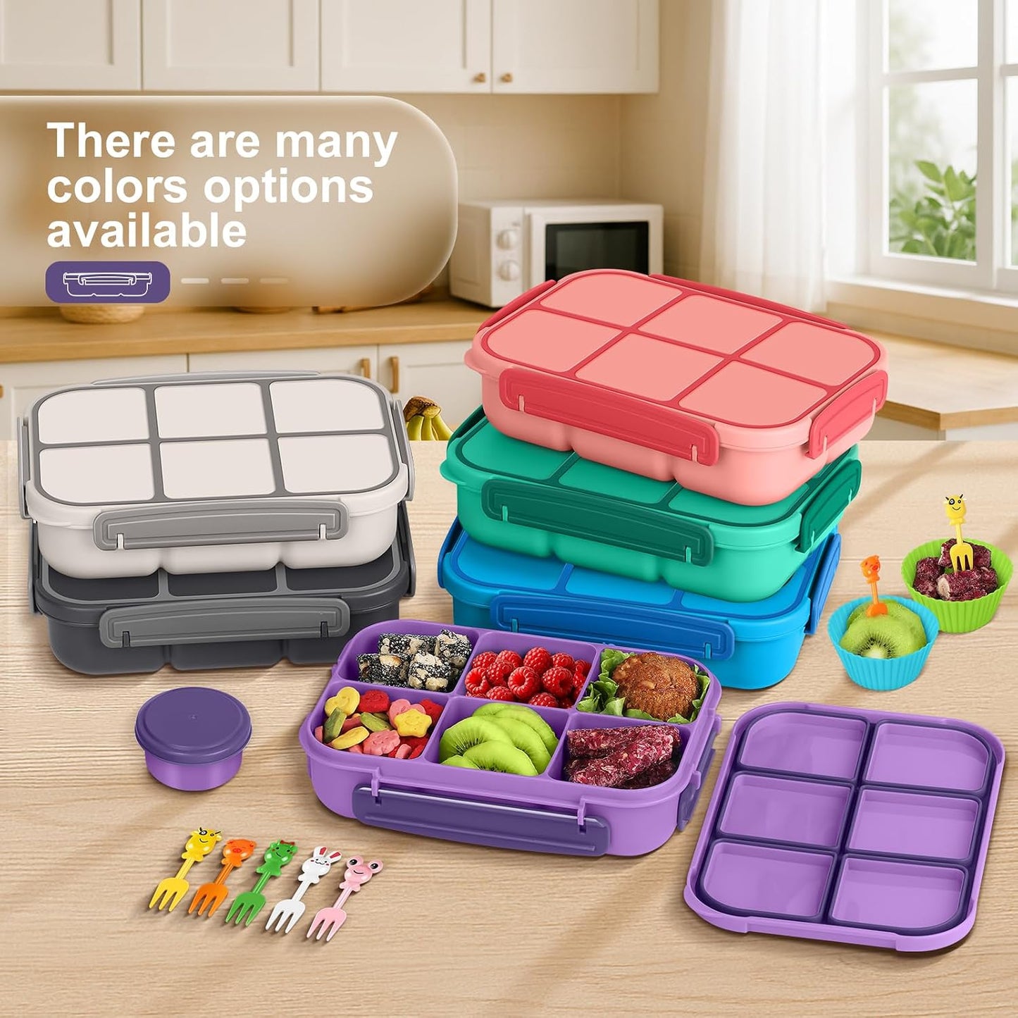 Amathley Lunch Box Kids Girls Boys,Bento Box Adult,Toddler Lunch Containers for School,Leakproof Snack Containers with 6 Compartments,Sauce Container,10 Food Picks and 4 Muffin Cups (Green)