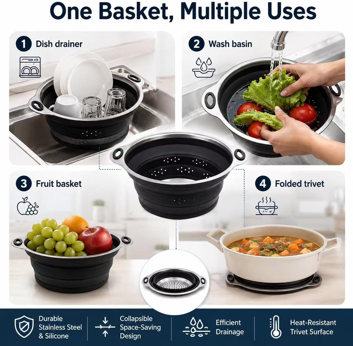 Mejoncb Collapsible Colander – Platinum Silicone Strainer with Stainless Steel Base, BPA-Free & Heat Resistant Kitchen Drain Basket (Gery)