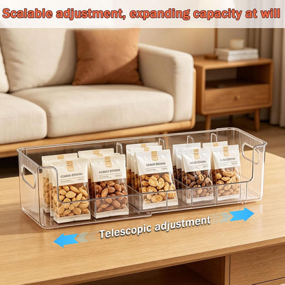 Clear Expandable Snack Organizer for Countertop,Adjustable Pantry Storage Bin with Removable Dividers,Large 6 Compartment Snack Container for Candy,Coffee Pods, Tea Bags,Drink Packets,Kitchen Counter