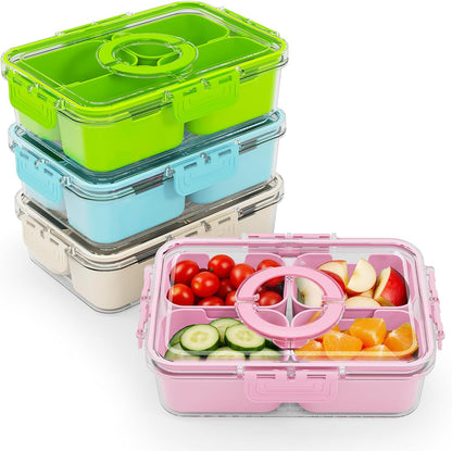 Small Snack Box Containers for Adults Men Women with 4 Compartments,Reusable Bento Box Adult Food Trays for Fruit,Charcuterie,Pink Lunch Box Divided Serving Tray with Lid and Handle for Work Travel