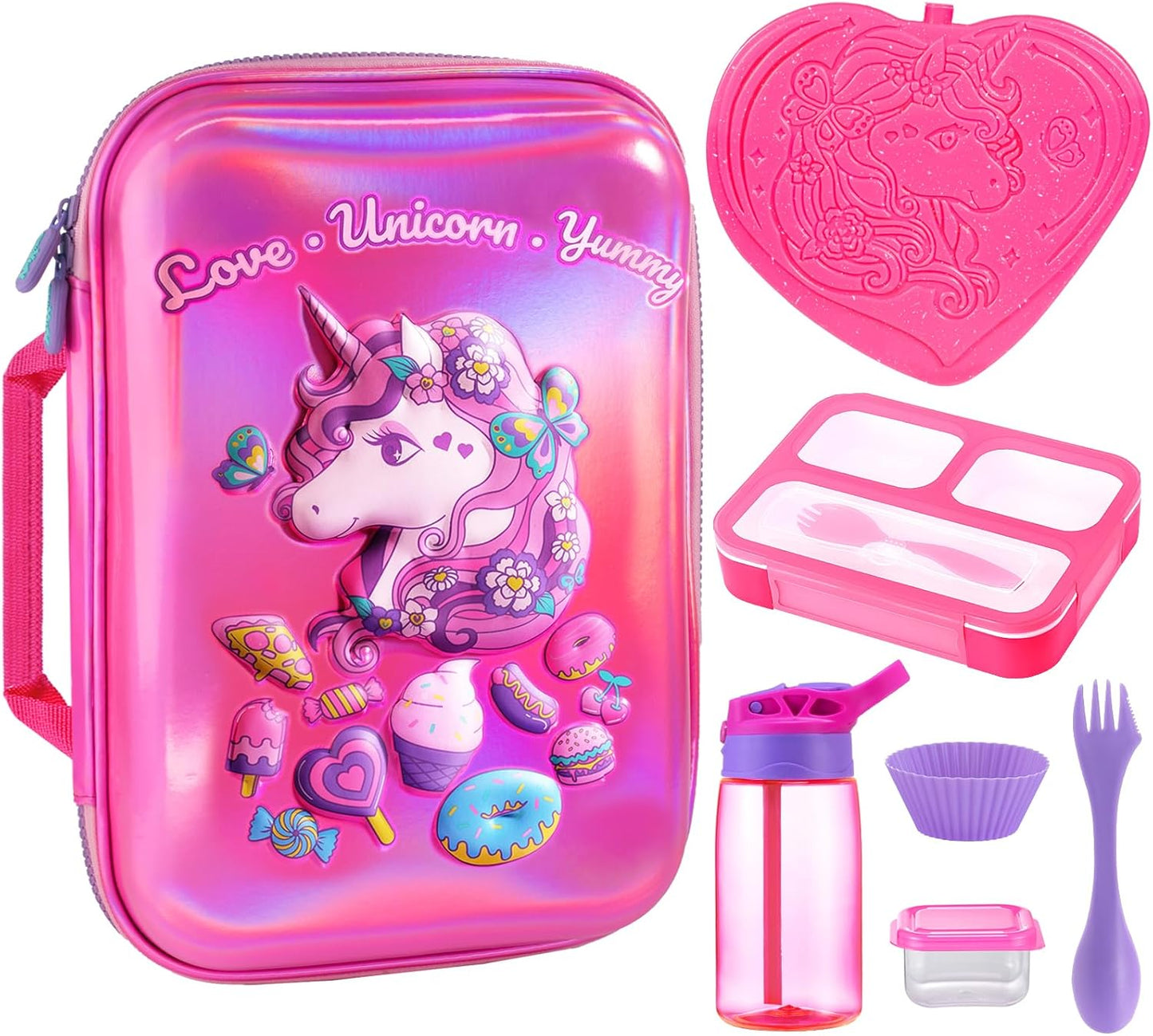 Kids Lunch Box Bag Set: Girls Unicorn Lunch Bags Bento Boxes with 3-Compartment Included Ice Pack Water Bottle Insulated Lunchbag Reusable School Lunchbox Containers Kit for Toddler Daycare Childrens