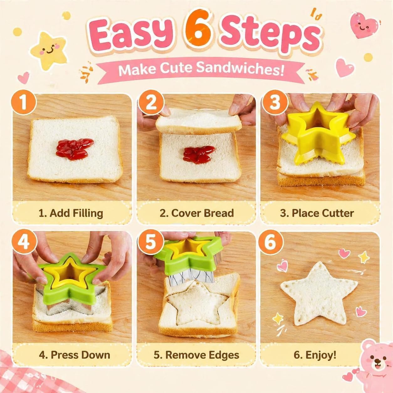 Uncrustable Sandwich Cutters Set 34pcs, 6pcs Sandwich Cutter and Sealer and 18pcs Fruit Cutter Shapes for Kids with 10pcs Cute Animal Forks, Ideal for School Lunch Boxes and Bento Boxes Boys Girls