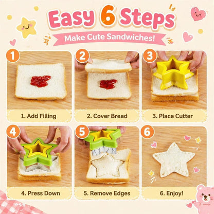 Uncrustable Sandwich Cutters Set 34pcs, 6pcs Sandwich Cutter and Sealer and 18pcs Fruit Cutter Shapes for Kids with 10pcs Cute Animal Forks, Ideal for School Lunch Boxes and Bento Boxes Boys Girls
