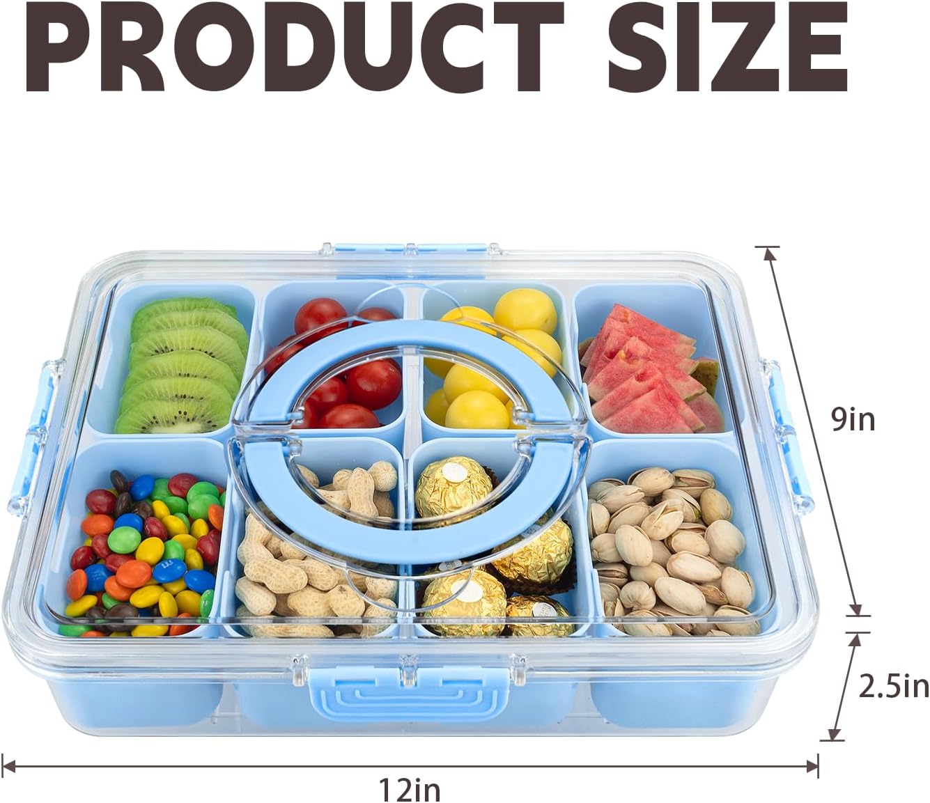 Divided Serving Tray with Lid and Handle,8 Compartments Snacks Box,Snack Fruit Tray,Veggie Tray,Portable Platter for Candy Fruits Nuts Snack Party Entertaining Picnic (2PCS Pink)